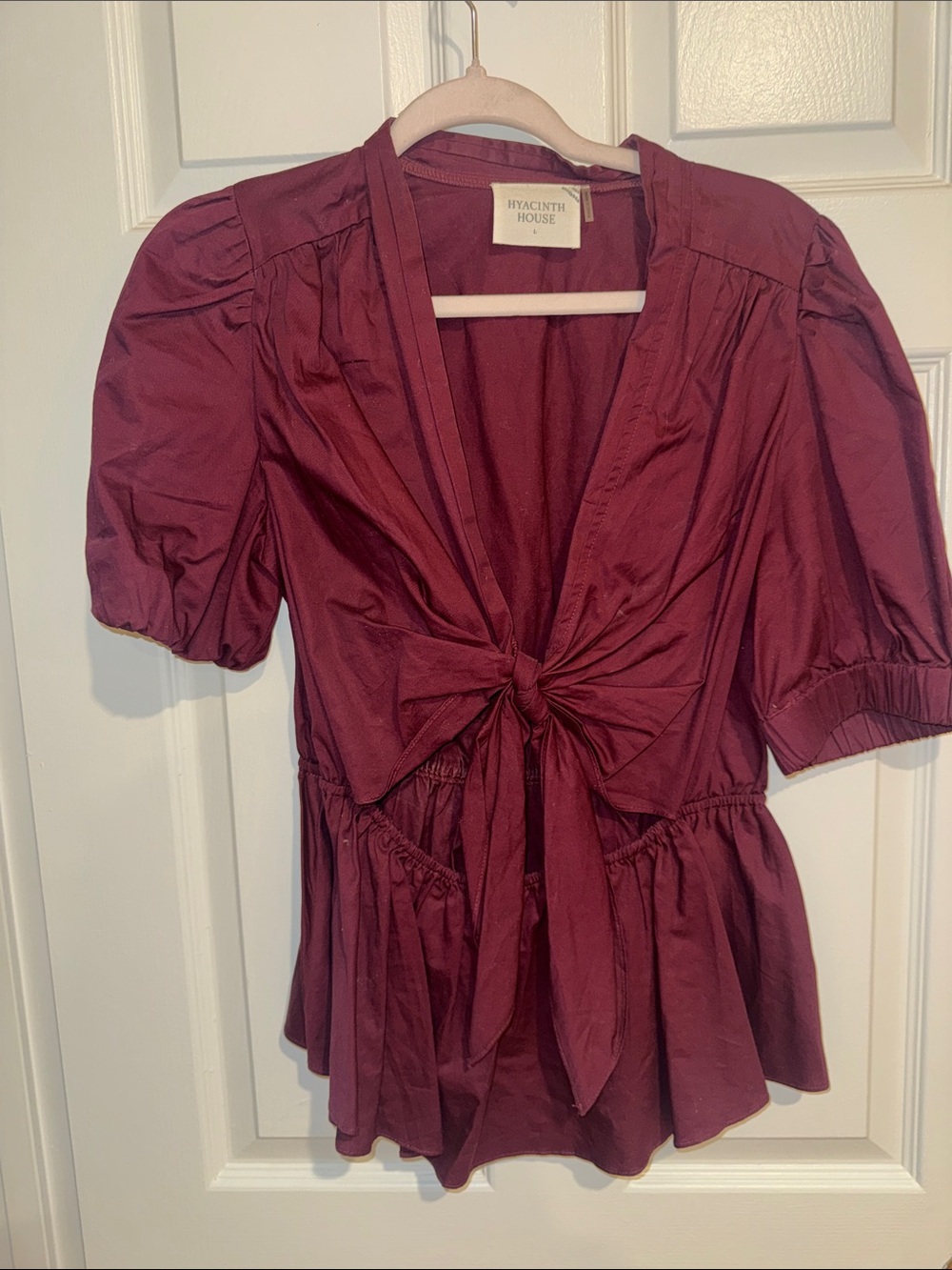 Women's Burgundy Tie-Front Puff Sleeve Top - Hyacinth House